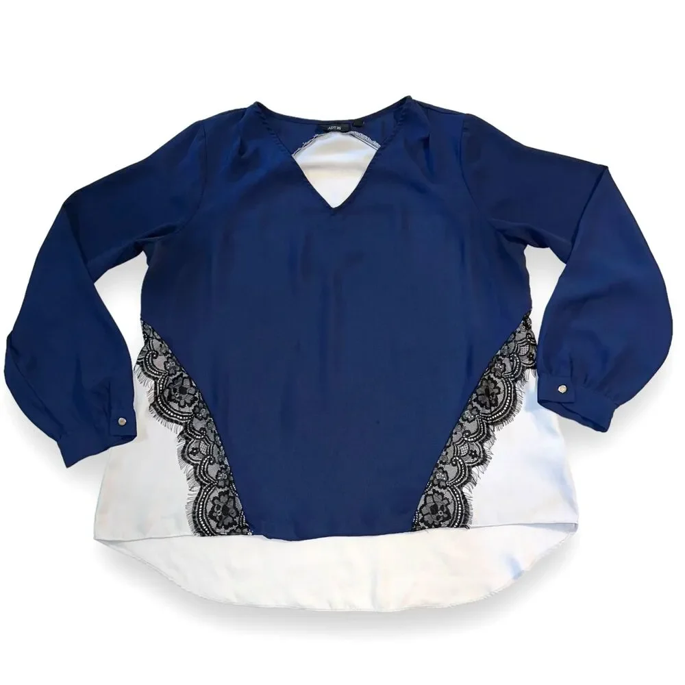 Apt 9 Womens Blouse Top Shirt Lace Trim Silky Lightweight Long Sleeve Blue XL